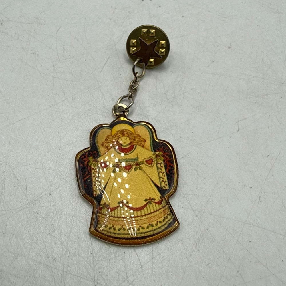 Vintage Gold Tone Angel Dangle Pin Star Charm Folk Art Celestial Brooch